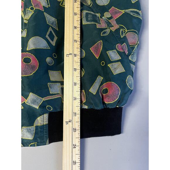 Royalty Silks Jacket Mens Small Green Geometric Silk Bomber Shoulder Pads - Picture 10 of 11